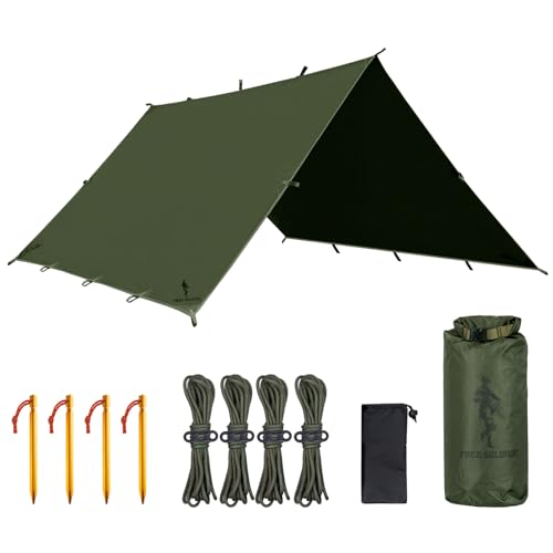 FREE SOLDIER Tarp wodoszczelna plandeka 4 x 4 m, ultralekka plandeka namiotowa, ochrona przed promieniowaniem UV, na kemping, kemping, wędrówki, aktywności na świeżym powietrzu