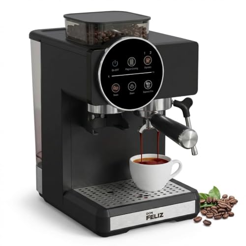 Don Feliz Cafetera Superautomática con Molinillo Integrado, 20 Bar, 1350W, Depósito 1.8L, Vaporizador de Leche, Portafiltro 51mm, Panel de Control Táctil