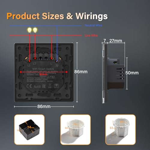 BSEED Lichtschalter Glas Smart WiFi Wechselschalter Compatibel mit Google Home und Alexa Neutrale Leitung Ben&ouml;tigt, 2 Fach 2 Wege, 86mm Grau, 2 Pack