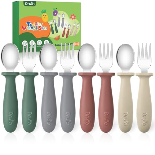 Image of DRKIO 8 Pieces Toddler Utensils Set - Kids Silverware Set with Silicone Handle Children Safe 18/8 Stainless Steel Forks and Spoons Anti-Choke Design Food Grade Dishwasher Safe