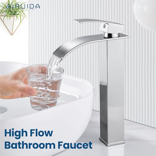 Airuida Tall Bathroom Vessel Faucet Chrome Polish Waterfall Bathroom Single Handle Single Hole Deck Mount Bowl Mixer Tap with Large Waterfall Spout Bar Sink Faucet Lavatory Vanity