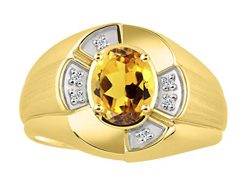 Image of Rylos Yellow Gold Plated Silver Men's & or Ladies Ring with 8X6MM Oval Gemstone & Diamonds - Unisex Color Stone Birthstone Ring Sizes 7-13