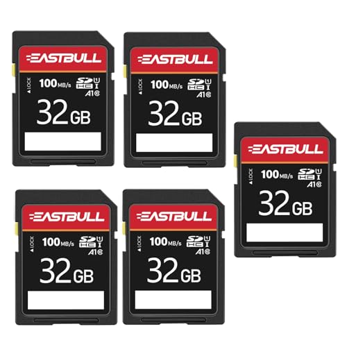 5-Pack of SD Card 32GB EASTBULL Class 10 SD Card U1 V30 High-Speed 100MB/s Read SDHC Memory Cards 5-Pack for Camera, Full HD Video, with 5 Mini Cases (32GB, 5 Pack)