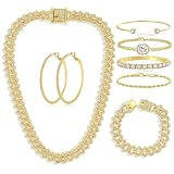 XKAWRT Hip Hop Cuban chain full diamond necklace bracelet bracelet Gold silver women's jewelry Women's Earrings bracelet set (golden)