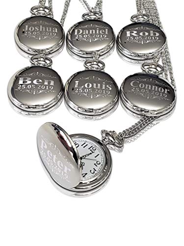 6 Pocket Watch Set - Personalized Unique Wedding Gift for Men and Women - Boxes, Chain and Engraving is Included (Silver)
