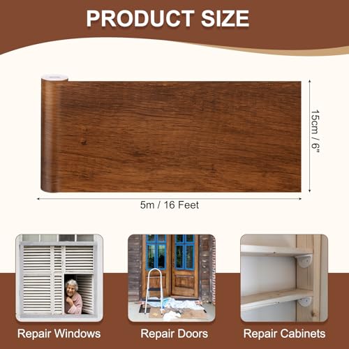 Image of MECCANIXITY Wood Grain Repair Tape, 6 Inch x 16 Feet Self Adhesive Wood Grain Tape Multi-Purpose Wallpaper Border Trim for Furniture Floors Windows Doors Tables Home, Light Brown