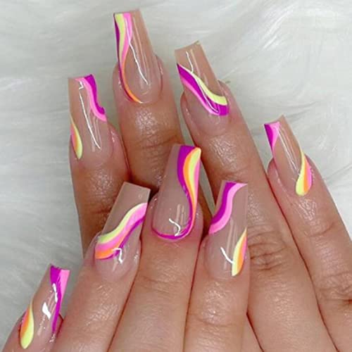 Fulztey French Long Press On Nails Coffin Glossy Yellow-Purple Stripes Full Cover False Nails For Women Ballerina Nail Art Diy Acrylic Fake Nail Tips Stick On Nails 24Pcs #TOP4