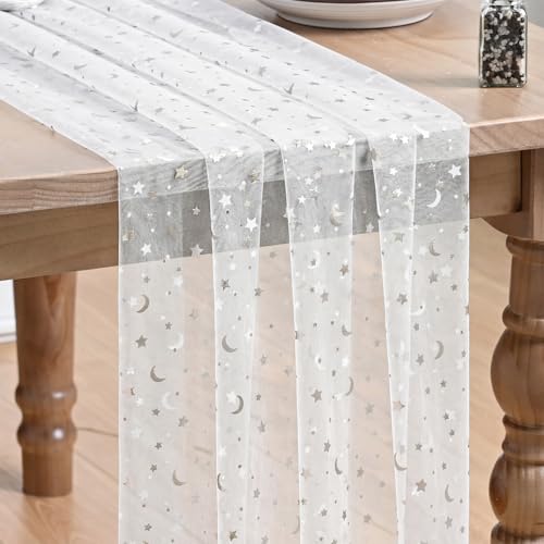 Artoid Mode White Gauze Stars Moon Table Runner 10FT, Glitter Metallic Foil Sheer Dining Wedding Anniversary Holiday Birthday Table Decor for Home Party