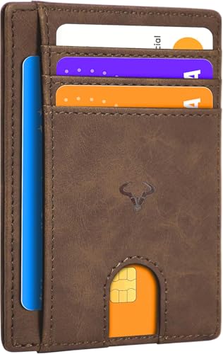 Image of Contacts Genuine Leather Slim Wallet | RFID Blocking Skinny Minimal Thin Front Pocket Wallet Sleeve Card Holder for Men | Up to 7 Card Slots Including 1 ID Window (Hunter Brown)