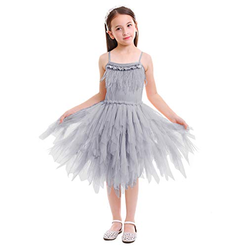 OBEEII Little Girl Swan Princess Feather Fringes Tutu Dress Pageant Party Wedding Dance Formal Photo Prop Short Tiered Gown