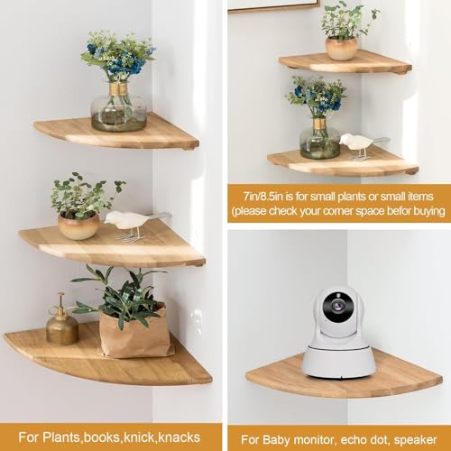Image of Corner Shelf, Solid Oak Wood Floating Corner Shelf Wall Mount Round End Floating Speaker with Wire Hole for Small Plant Photo for Bedroom Kitchen, Living Room