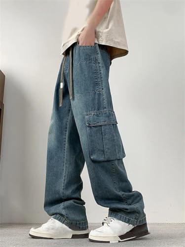 Men's Summer Cargo Jeans Flap Pockets Wide Leg Baggy Denim Pants Drawstring Straight Leg Trousers2