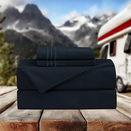 Image of Elegant Comfort Luxurious 1500 Premium Hotel Quality Microfiber Three Line Embroidered Softest 4-Piece Bed Sheet Set, Wrinkle and Fade Resistant, RV Short Queen, Black