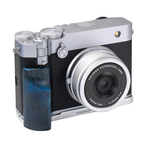 FUJIFILM GFX100RF 専用 カメラウッドグリップ 高級檀木材 木製ハンドル メタルベース L型グリップ ハンドメイド カメラケージ 電池交換可能 (ネイビー+ホワイト)