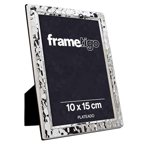 Frametigo   Marco de Fotos Plateado Estilo Martillado Estrecho 10x15cm   Cristal Real, Parte Trasera de Terciopelo y Soporte   Resistente al Deslustre   Orientación Horizontal o Vertical