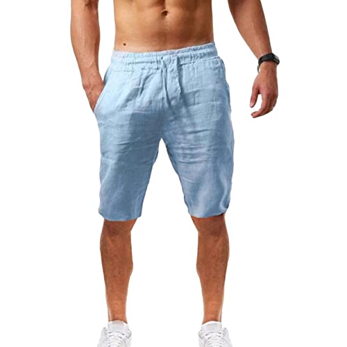 Men's Cotton Linen Shorts Casual Stretch Waist Drawstring Capri Shorts Active Workout Lounge Shorts (Light Blue,5X-Large)