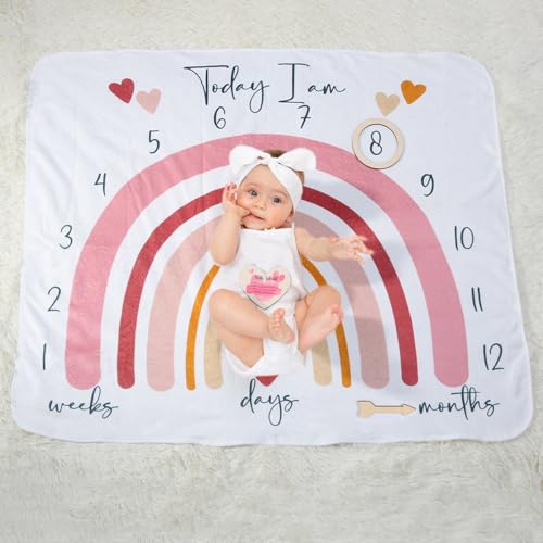 Image of Ylsteed Baby Monthly Milestone Blanket, Rainbow Flannel, Single Layered, 47" x 40", Baby Growth Chart Photography Prop