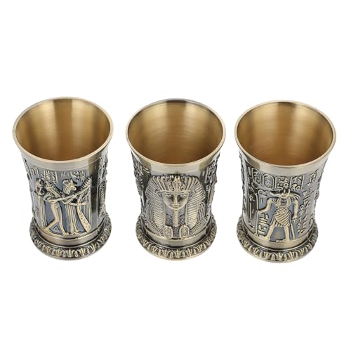 SHOWERORO Vasos de Metal Vintage Estilo Egipcio 3 Piezas Set para Whisky y Cóctel Copas Pequeñas de Bronce Grabados de Tótems Antiguos Ideales para Fiestas y Reuniones