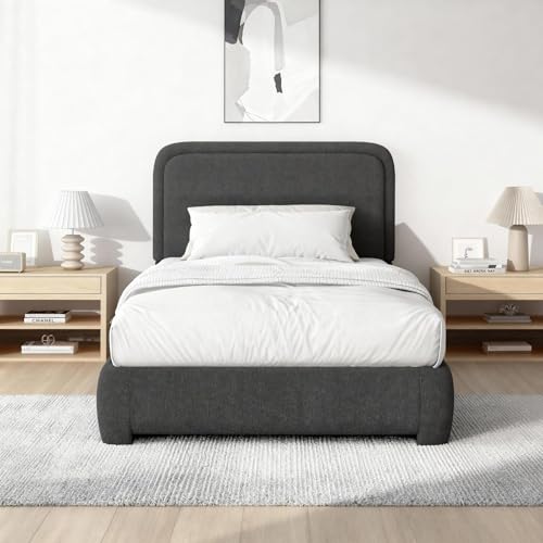 Image of BarnFurin Twin Bed Frame, Cloud Boucle Headboard, Rounded Corners, Grey | Soft boucle and rounded edges create a low-profile cloud look. Wooden slats support the mattress without a box spring