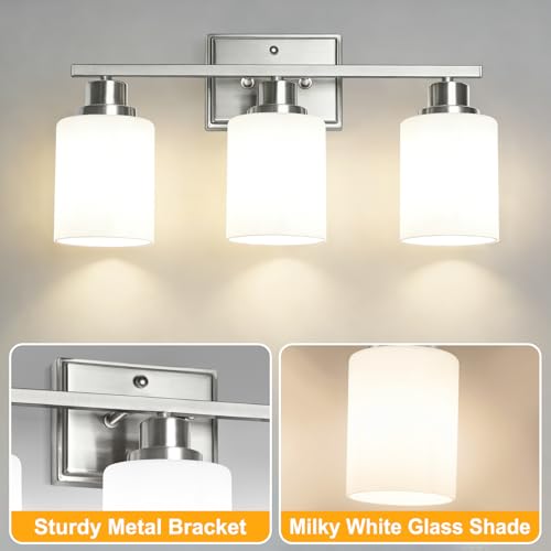 Image of Unicozin 3-Light Bathroom Light Fixtures, Modern Brushed Nickel Vanity Light Over Mirror, Wall Sconces with Milky White Glass Shades for Living Room Bedroom Hallway E26 Base