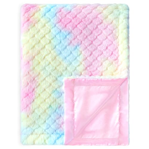 Image of BEILIMU Baby Blanket for Girls Tie Dye Rainbow Fleece Fluffy Fuzzy Blanket with Soft Luxury Silk Silky Backing for Toddler Nursery Travel Home Decor 30 x 40 Inch