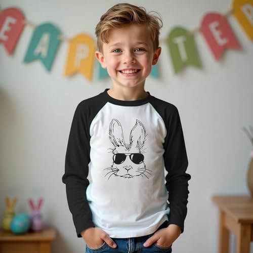KEKEMI Boys Easter Shirts Kid Bunny T Shirt Happy Easter Outfit Funny Sunglasses Rabbit Tees Raglan Long Sleeve Tops Clothes2