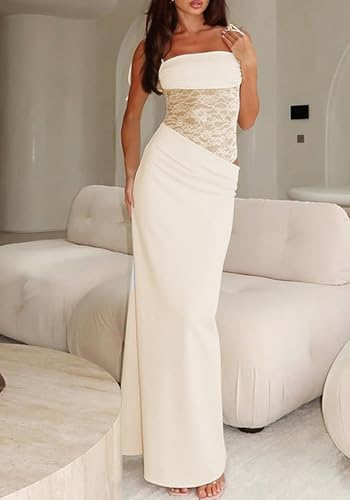 Image of Unybwonn Lace Maxi Dress Sexy Sheer Sleeveless Bodycon Mesh Long Dresses Cut Out Spaghetti Strap Wedding Guest Dress