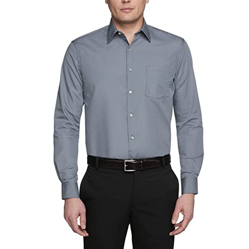 Image of Van Heusen Men's Dress Shirt Regular Fit Poplin Solid, Grey, 14 inch Neck 32 inch-33 inch Sleeve (Small)