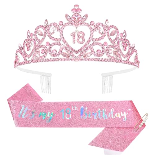 Araluky Pink Happy 18th Birthday Decorations for Girls 18th Brthday Sash and Crown for 18 Birthday Gifts for Girls