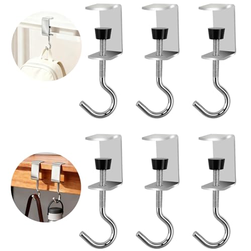 Aanxufa Heavy-Duty Desk Hook Table Clamp Hooks Hanging Bag Backpack 6 Pcs Metal Rust-Resistant Shelf Hooks Adjustable Desktop Mounting Hook (6 pcs)