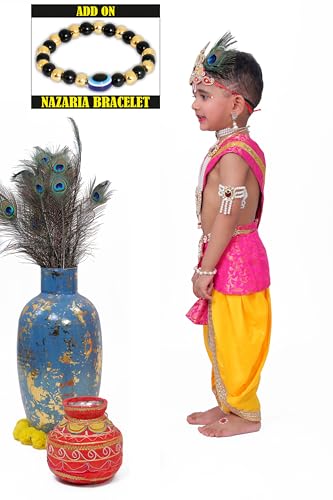 Image of Krishna Dress for Kids, Baby Krishna Dress for Janmashtami with Krishna Mukut, Peacock Feather & Flute Embroidered Krishna Costume for Girl & Boy, 3 Months-8 Years