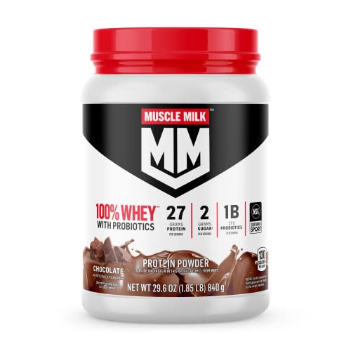 Image of Muscle Milk 100% Whey With Probiotics Protein Powder, Chocolate, 1.85 Pound, 23 Servings, 27g Protein, 2g Sugar, 1B CFU Probiotics, Low in Fat, NSF Certified for Sport, Packaging May Vary