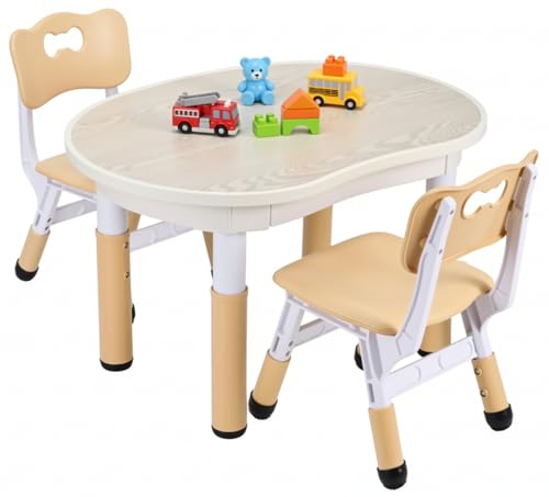 Mesa Infantil con 2 Sillas, Mesa y Sillas Infantiles con Forma de Cacahuete, Altura Ajustable, Mesa de Pintura para Niños, Juego de Mesa y Silla Infantil para Guardería y Jardín de Infancia, Amarillo