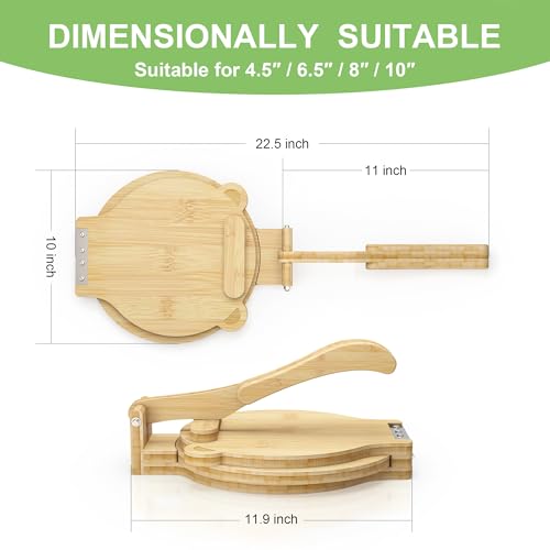 Bamboo Tortilla Press 10 inch Quesadilla Maker Wooden Corn Tortilla Maker Rotatable Roti Maker with 50Pcs Parchment Paper & Dough Cutter for Flour Mexican Taco Pataconera Dough Press (4.5\"-10\")