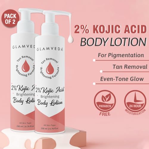 Image of Glamveda Body Lotion with 2% Kojic Acid & Alpha Arbutin 200ml Pack of 2 | 24hr Deep Moisturizer, Nourishes & Protect Skin | Remove Dark Spots, Pigmentation, Tan Removal | Non Greasy | All Skin Type