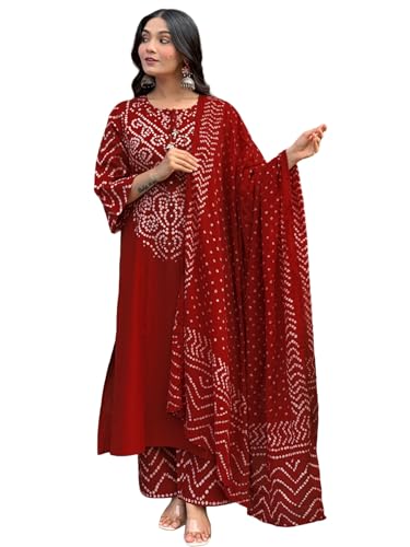 Image of GoSriKi Kurta Sets for Women Rayon Viscose Bandhani Printed | Kurti Set for Woman | Kurta Pant Dupatta Set | Straight Kurti | Round Neck 3 /4 Sleeve Suit Set for Women Stylish Ethnic Outfit