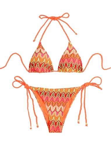 Image of ZAFUL 2 Piece Triangle Bikini for Women Knitted Rope Halter Bikini Sets Sexy Bathing Suit Side Tie Swimsuits Beachwear