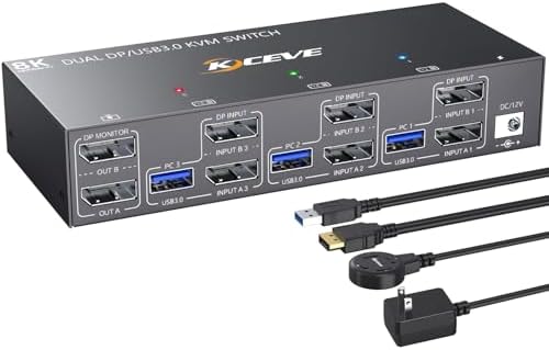 KCEVE KVM Switch 2 Monitors 3 Computers 4K@144Hz, Displayport KVM Switch Dual Monitor for 3 Computer Share 2 Monitor and 4 USB 3.0 Devices, with Wired Remote, Power Adapter