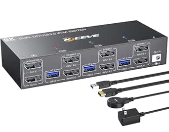 KCEVE KVM Switch 2 Monitors 3 Computers 4K@144Hz, Displayport KVM Switch Dual Monitor for 3 Computer Share 2 Monitor and 4 USB 3.0 Devices, with Wired Remote, Power Adapter