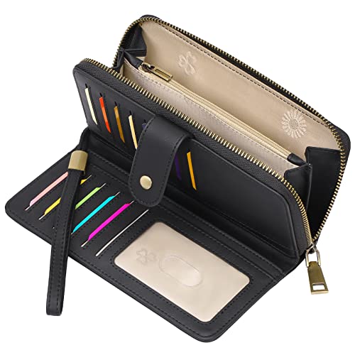 GAEKEAO Wallet for Women Clutch RFID Blocking Leather Wristlet Purse Large Capacity Card Holder with Zipper Pocket