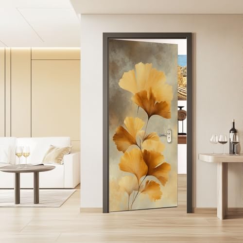 Stickers porte 3D ginkgo orange auto-adhesif de decoration