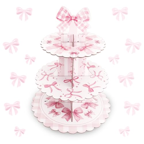 Pink Bow Cupcake Stand Coquette Birthday Decorations,3 Tier Cupcake Holder Bow Decor Pink Party Decorations,Bows Cup Cake Tower Stand Coquette Decor for Baby Shower Engagement Wedding Birthday Party