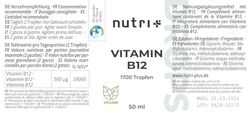 Nutri + Vitamin B12 Tropfen 50 ml hochdosiert + vegan - B 12 Flüssig 500 µg - Drops mit bioaktivem Methylcobalamin & Adenosylcobalamin ohne Alkohol