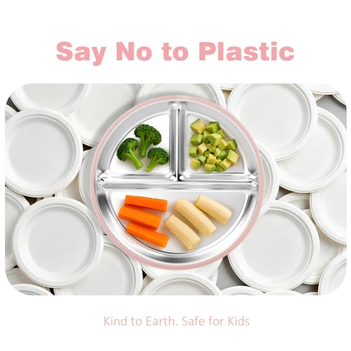 Bakpoco Stainless Steel Baby Plate with Suction, 9” Divided Toddler Plates with Removable Silicone Sleeves for Kids, Non-Toxic Non-Slip Unbreakable