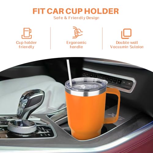 Image of 30 oz Tumbler with Handle, Stainless Steel Insulated Tumbler with Lid and Straw, Double Wall Vacuum Coffee Mug Tumbler, Insulated Coffee Thermal Cup for Cold and Hot (Orange)