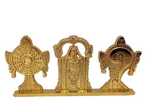Image of KridayKraft Tirupati Balaji Symbol Stand Shankh Chakra with Balaji Statue Gold Plating Antique Decorative for Car Dashboard Home & Office Table Showpiece Figurines,Religious Gift Idol, 5 x 1 Cm