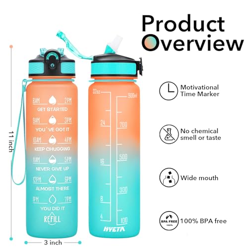 Image of HYETA 32 OZ Water Bottle with Times to Drink and Straw, Motivational Timed Marker Water Bottles with Strap, Leakproof & BPA Free, 1 Liter Reusable Sports Water Bottle for Fitness, Gym & Outdoors, Orange-Green
