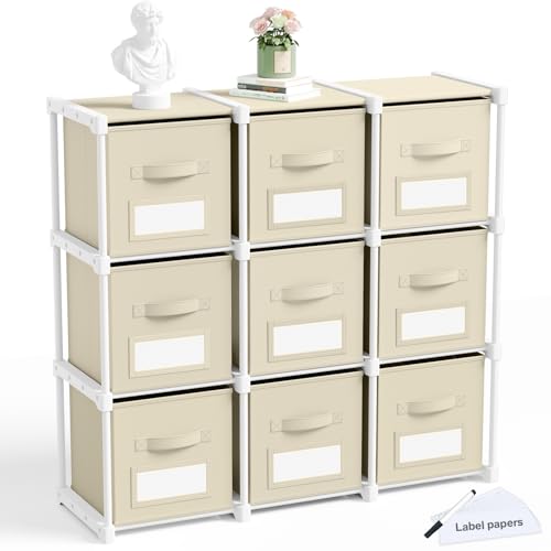 Geelin 9 Cube Storage Organizer with Fabric Bins and Labels 11 Inch, Fabric Collapsible Cubby Clothes Storage Drawer Dresser for Bedroom Living Room Office Organization