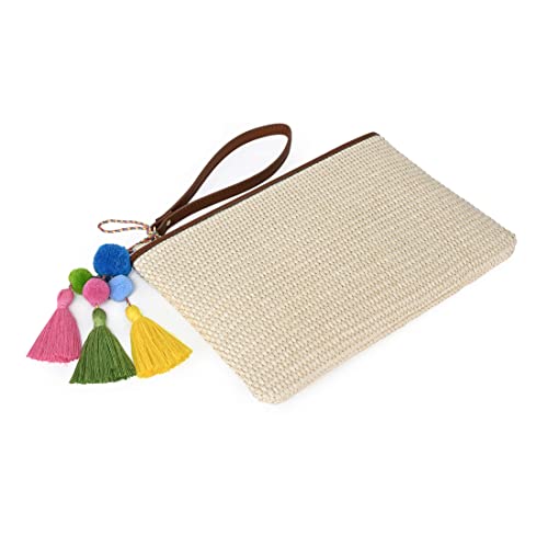 Masien Rauder Luxury Straw Wristlet Pouch Beach Clutch Bag Small Summer Vacation Purse W. Colorful Pom Poms Tassels For Women (Beige) #TOP2
