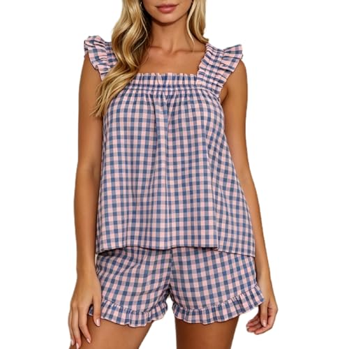 Image of SOOKABEILA Women 2 Piece Lounge Set Sleeveless Striped Cami Peplum Top Boxer Shorts Loose Ruffle Matching Pj Sets Outfits